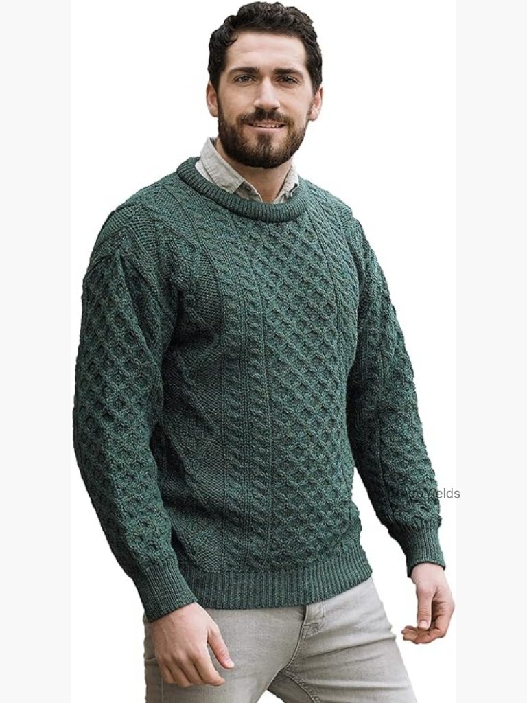 Unisex 100% Merino Wool Aran Crew Neck Cable Knit Sweater Pullover Traditional